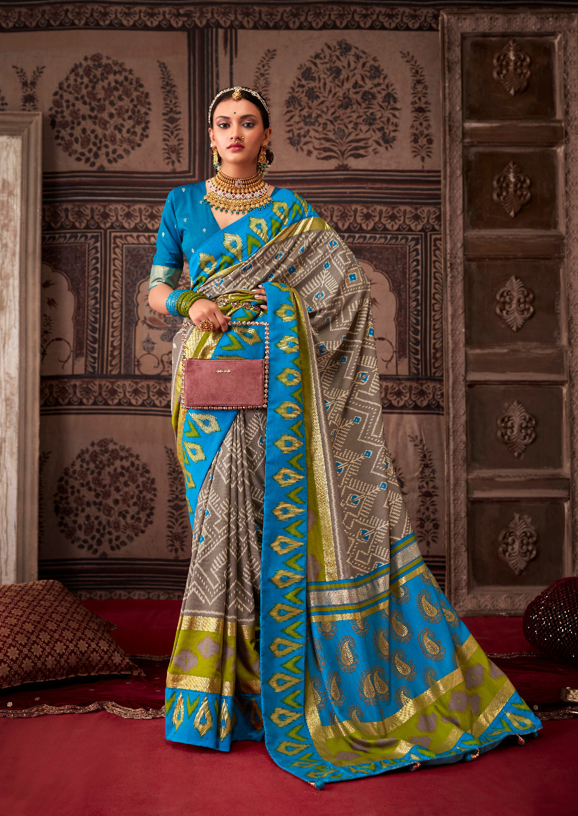 Brown Grey Cotton Silk Ikkat Print Saree