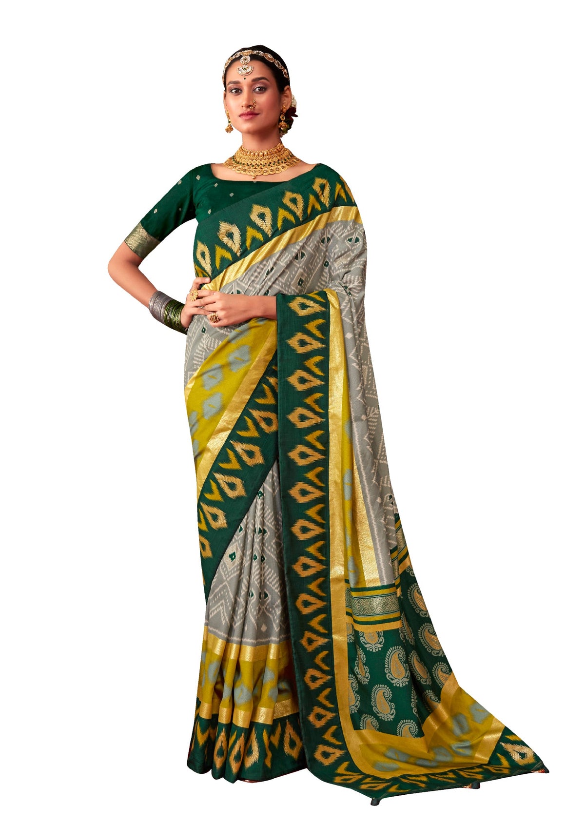 Friar Grey Cotton Silk Ikkat Print Saree