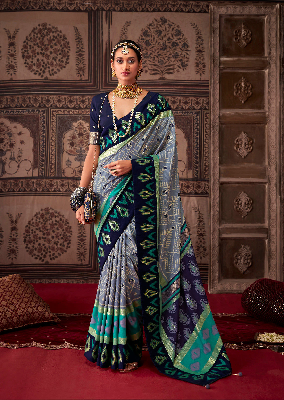 Slate Grey Cotton Silk Ikkat Print Saree