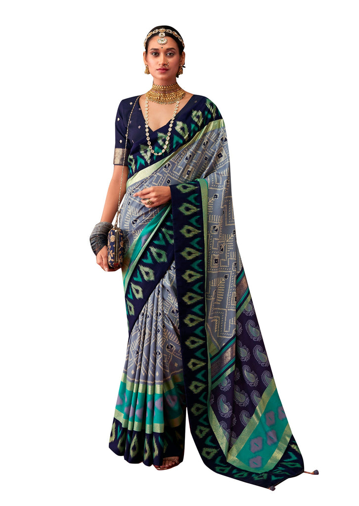 Traditional Ethnicwear Slate Grey Cotton Silk Ikkat Print Saree