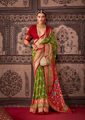 Olive Green Cotton Silk Ikkat Print Saree