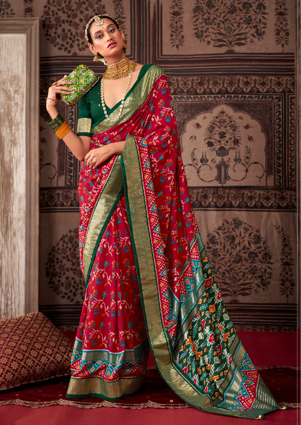 Red Wine Cotton Silk Ikkat Print Saree