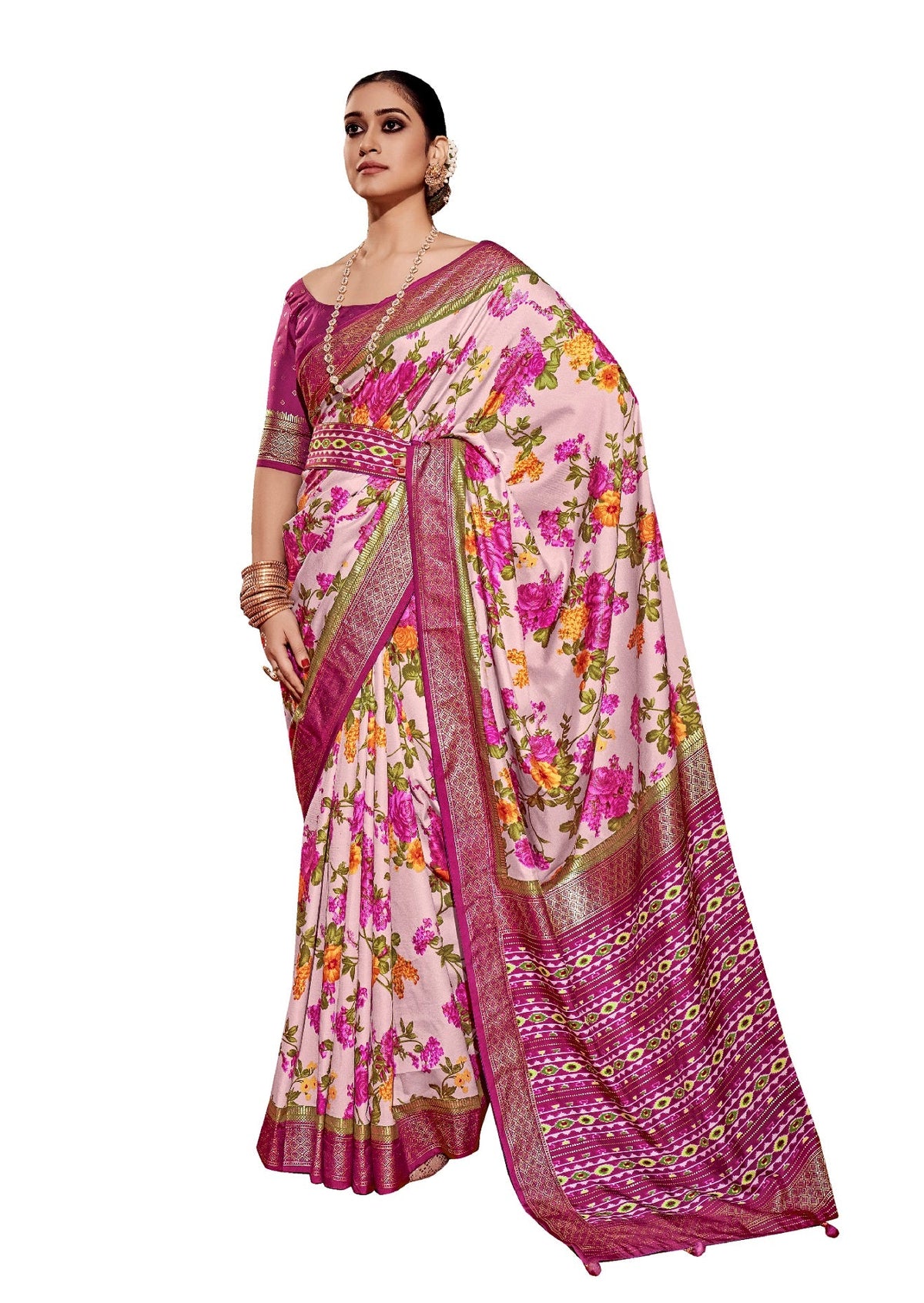 Cavern Pink Cotton Silk Floral Print Saree