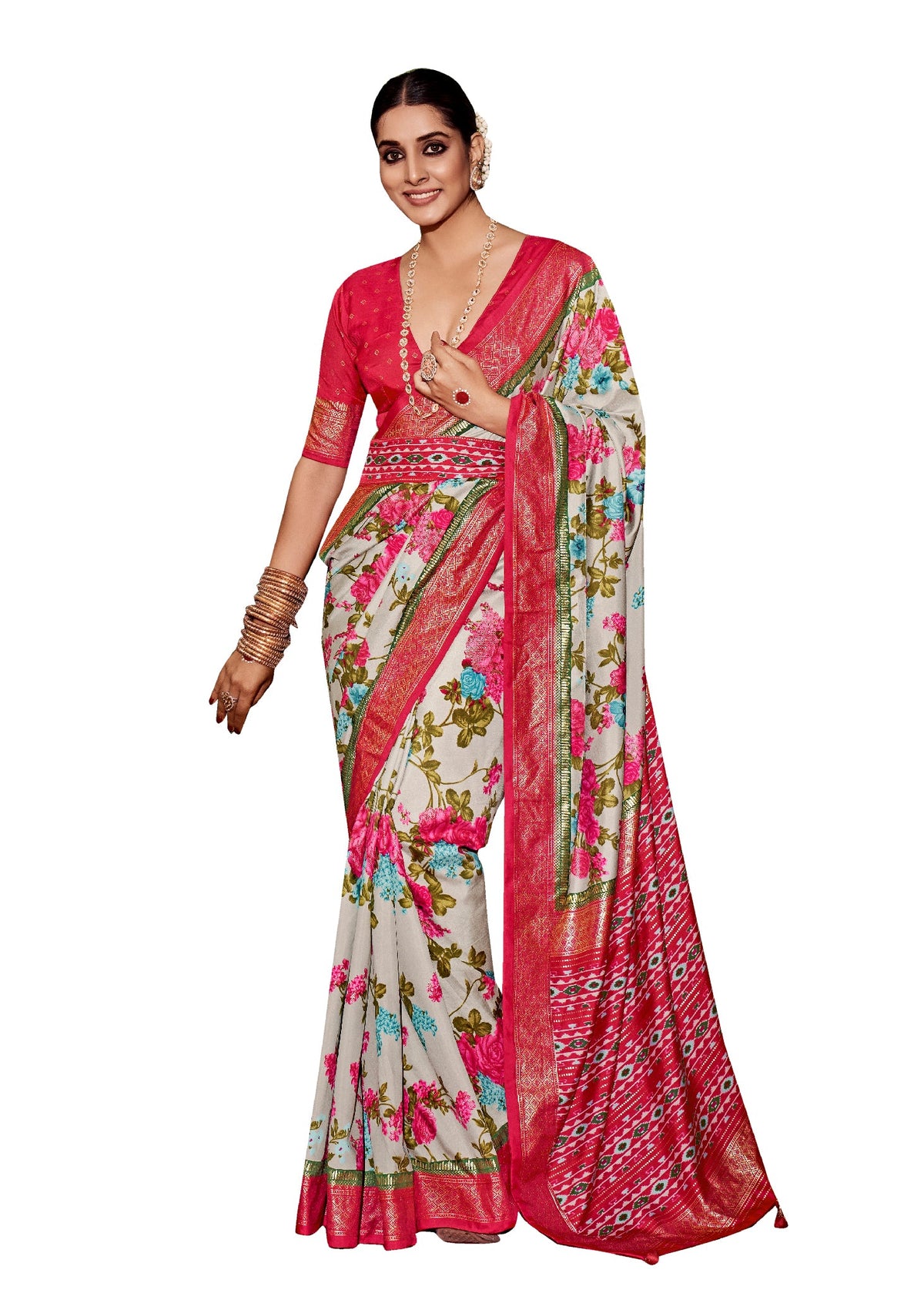 Grey Cotton Silk Floral Print Saree