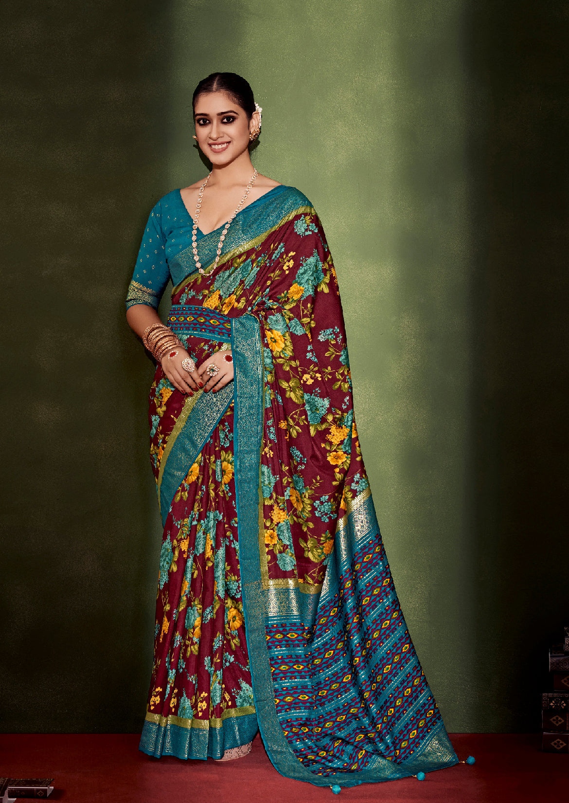 Wine Cotton Silk Floral Print Saree