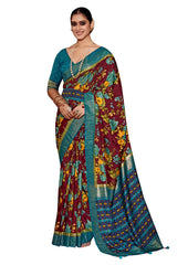 Wine Cotton Silk Floral Print Saree