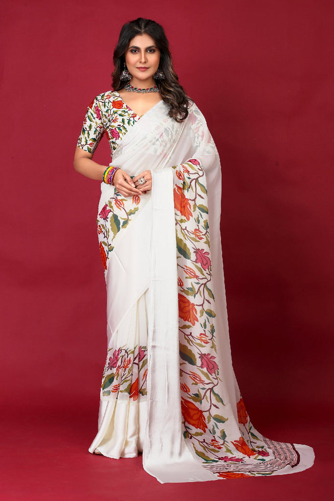 Traditional Ethnicwear White Georgette Satin Floral Print Saree