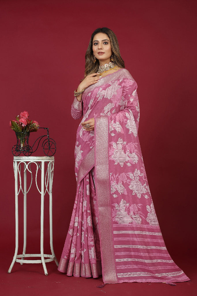 Traditional Ethnicwear Tulip Pink Cotton Silk Floral Print Saree