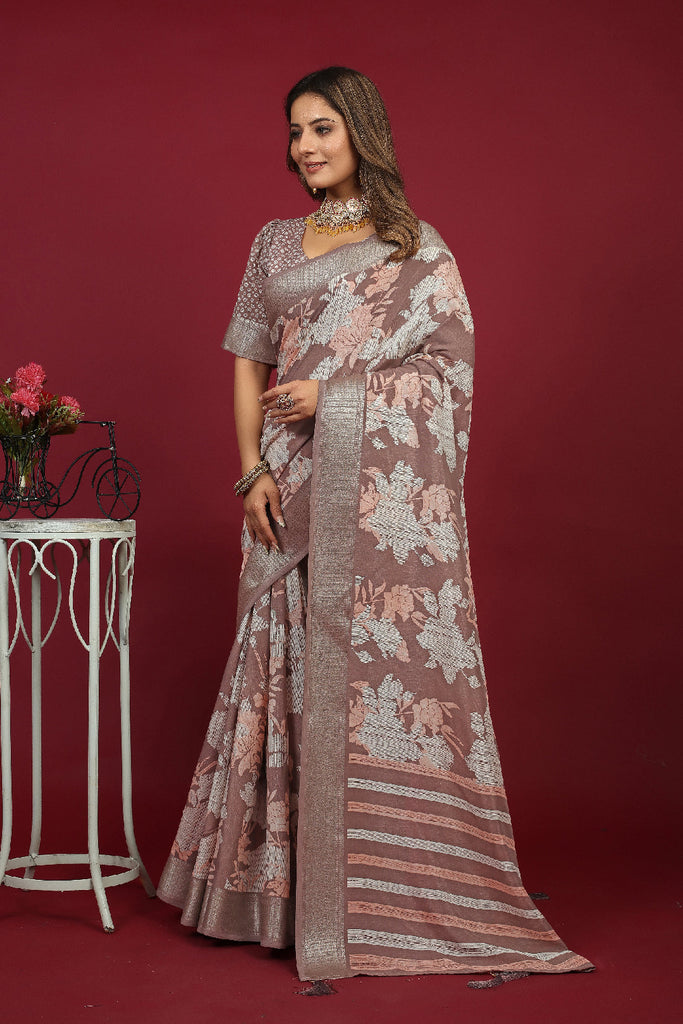 Traditional Ethnicwear Brownish Cotton Silk Floral Print Saree