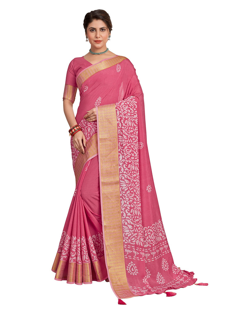 Traditional Ethnicwear Pink Cotton Silk Batik Print Saree