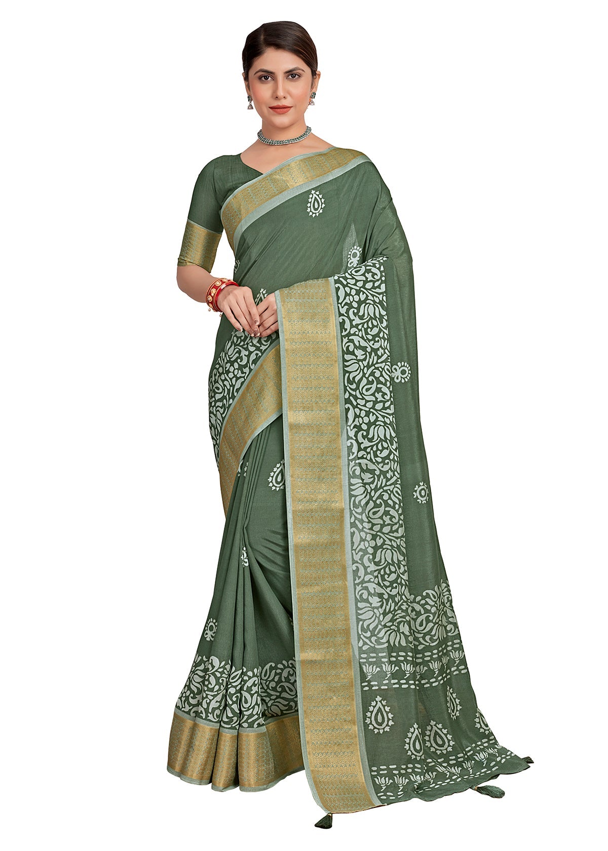 Hazel Green Cotton Silk Batik Print Saree