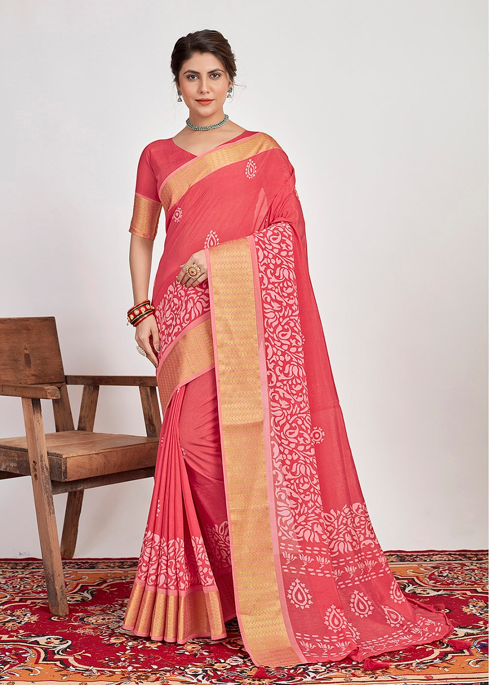 Carmine Pink Cotton Silk Batik Print Saree