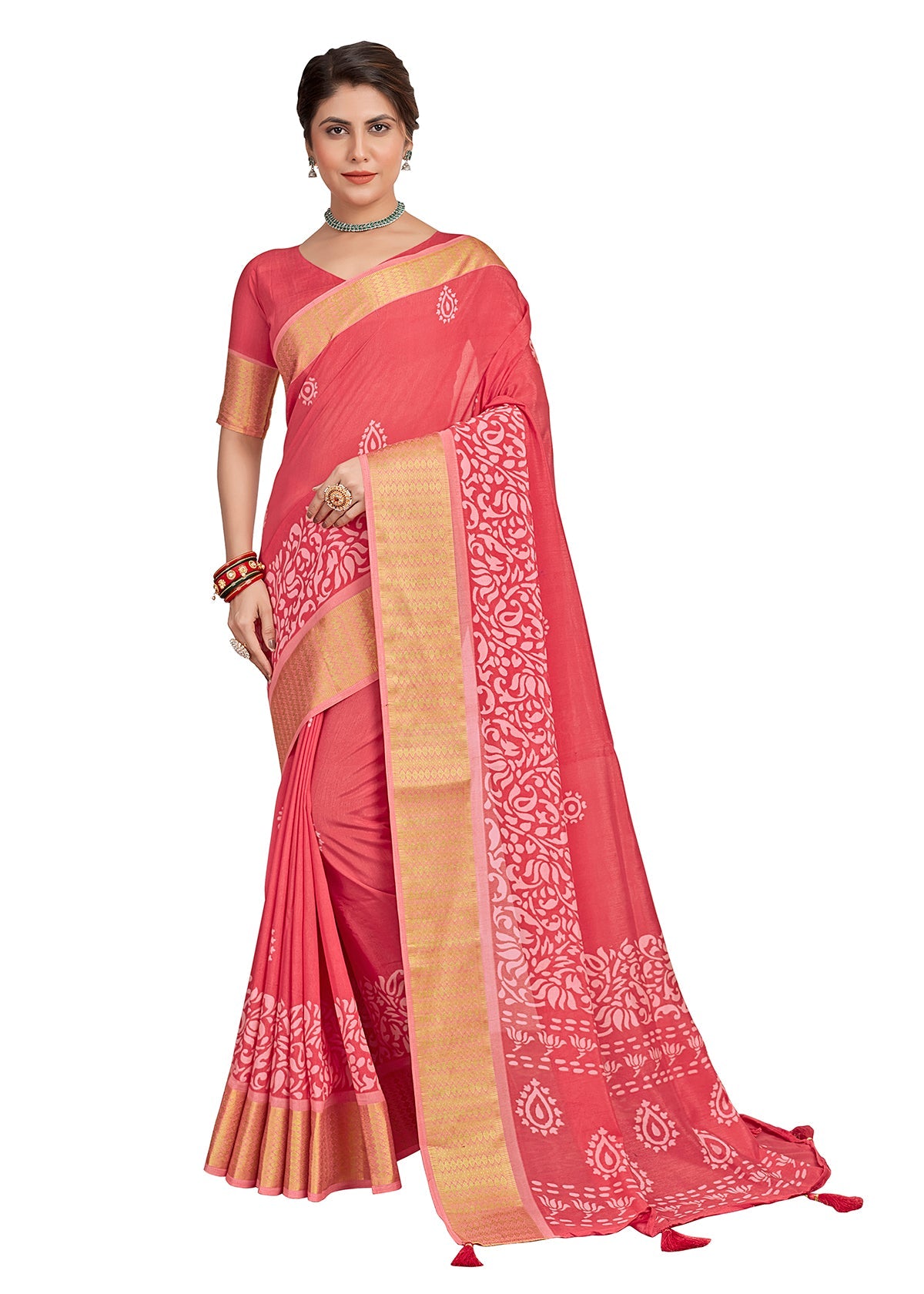 Carmine Pink Cotton Silk Batik Print Saree