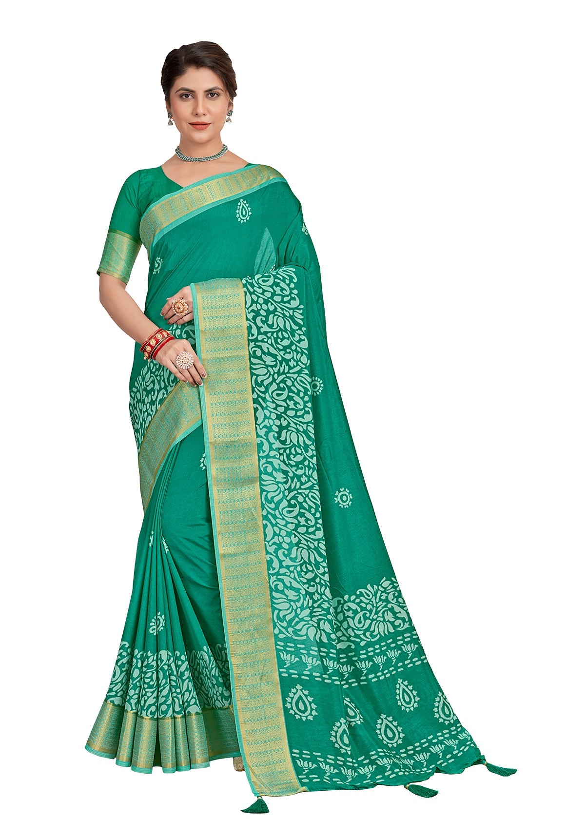 Teal Cotton Silk Batik Print Saree