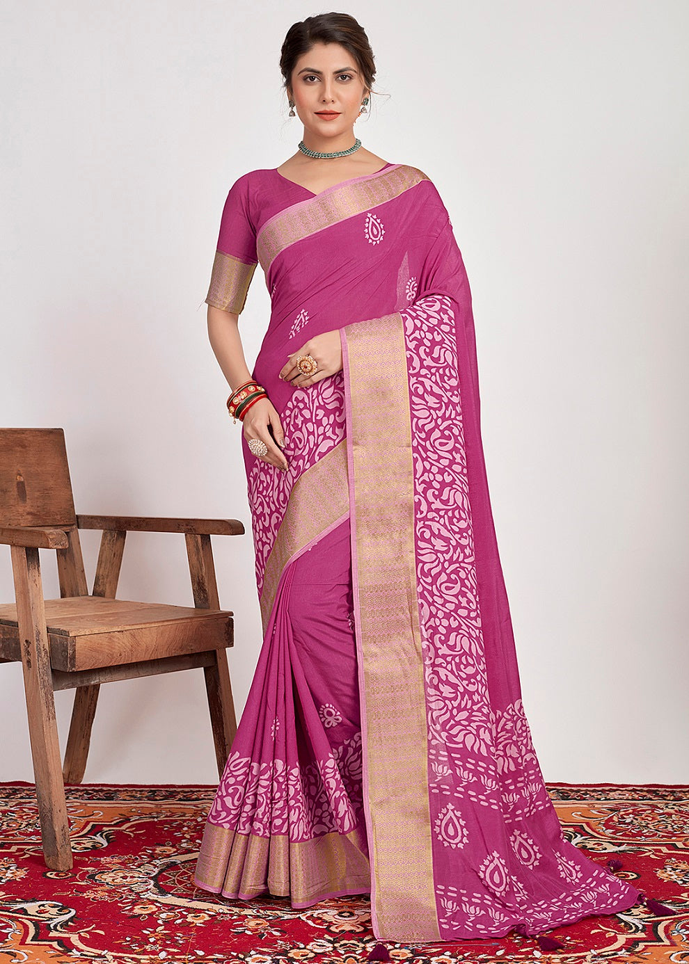 Tulip Pink Cotton Silk Batik Print Saree