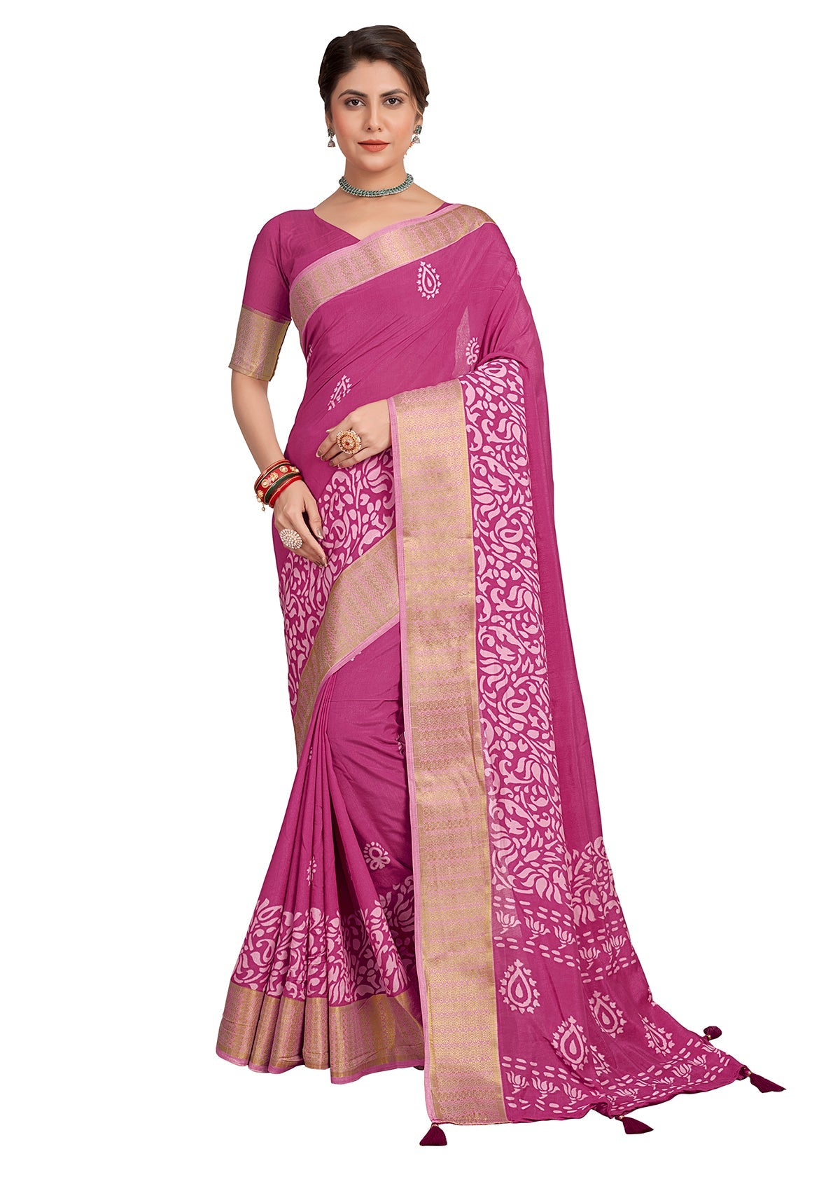 Tulip Pink Cotton Silk Batik Print Saree