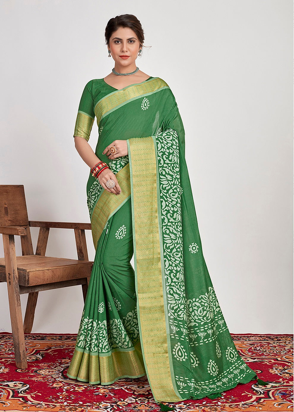 Pine Green Cotton Silk Batik Print Saree