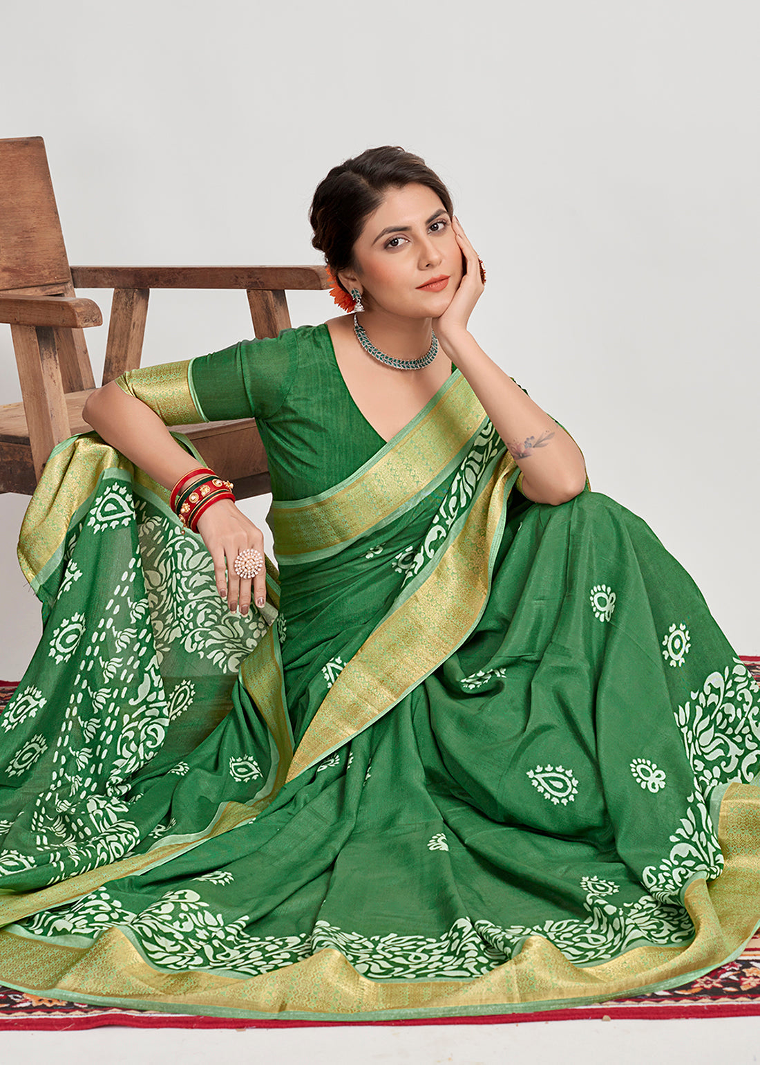 Pine Green Cotton Silk Batik Print Saree