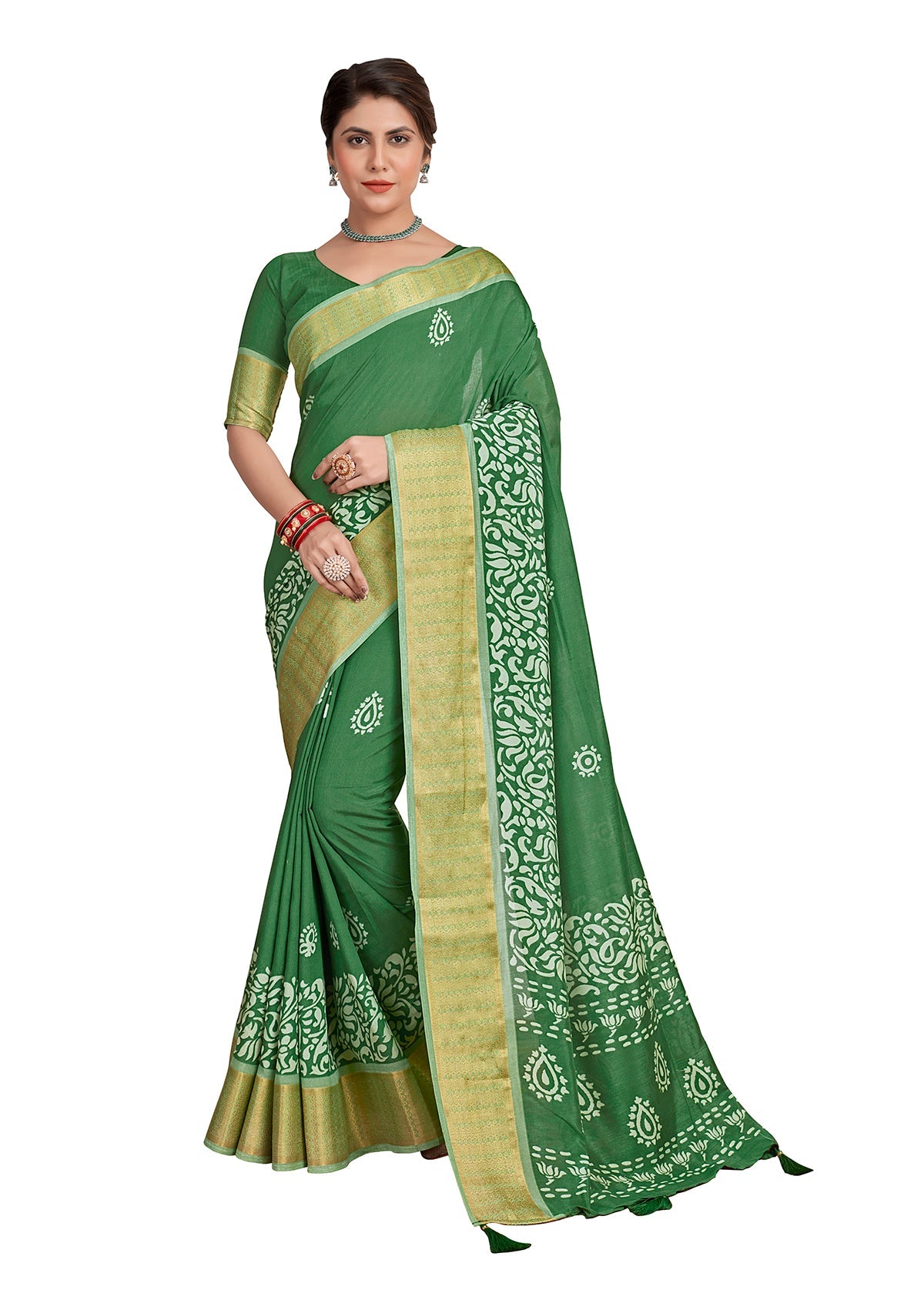 Pine Green Cotton Silk Batik Print Saree