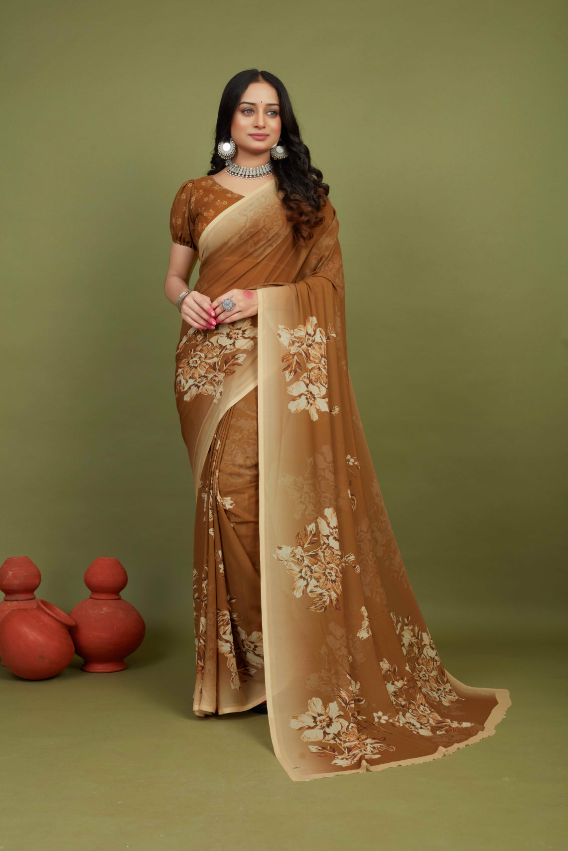 Brown Georgette Floral Print Saree