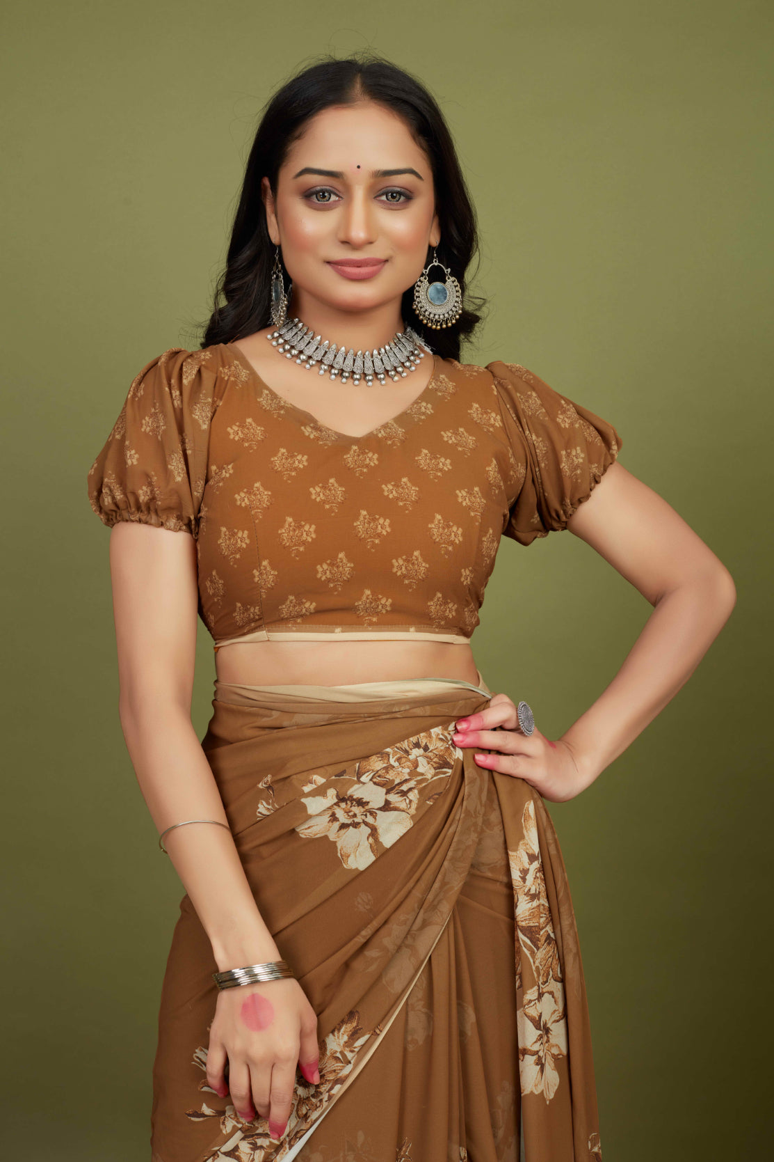 Brown Georgette Floral Print Saree