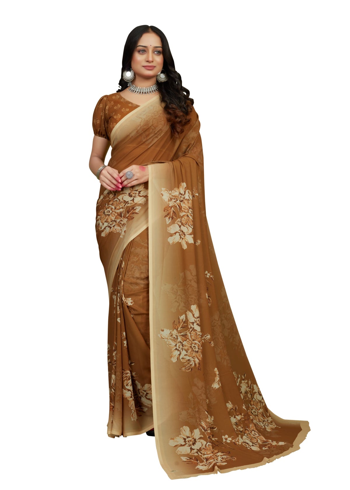 Brown Georgette Floral Print Saree