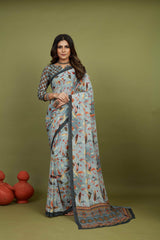 Grey Georgette Feather Print Saree