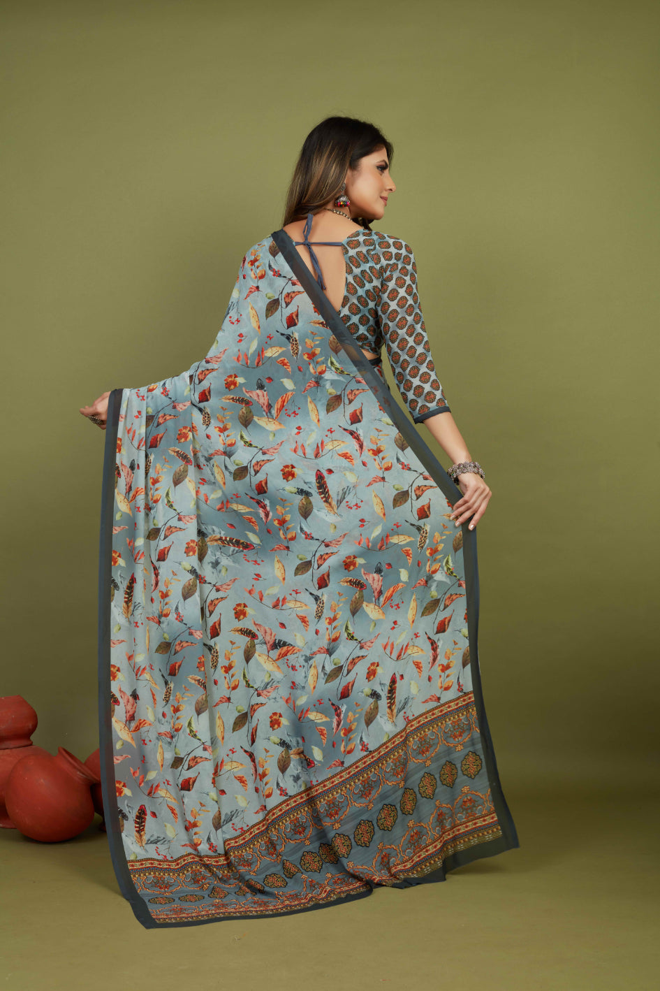 Grey Georgette Feather Print Saree