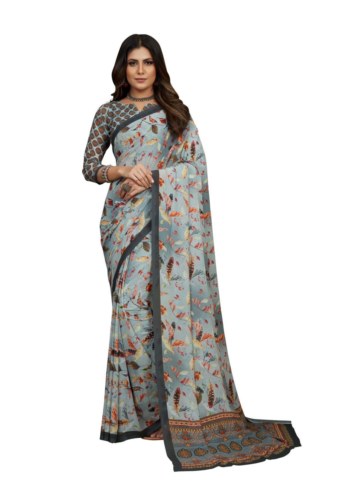 Grey Georgette Feather Print Saree