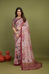 Pink Georgette Feather Print Saree