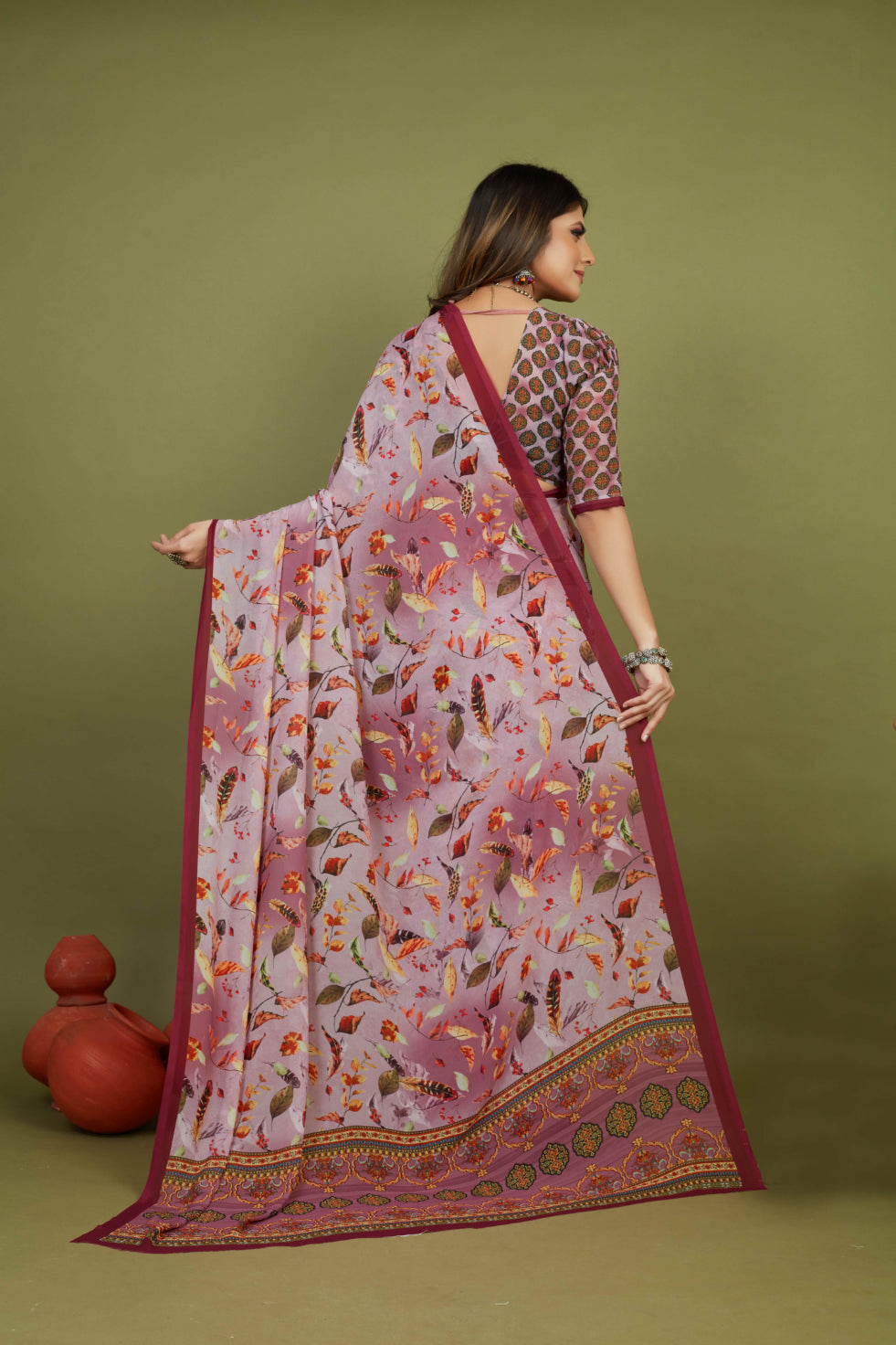 Pink Georgette Feather Print Saree