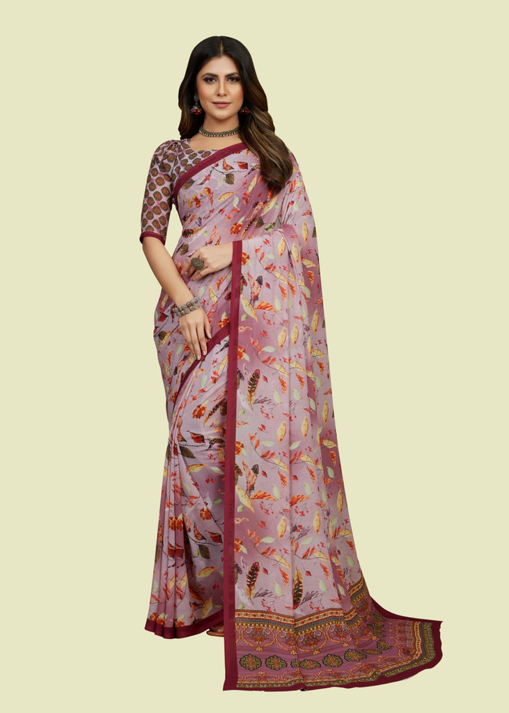 Traditional Ethnicwear Pink Georgette Feather Print Saree