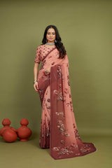 Peach Georgette Floral Print Saree