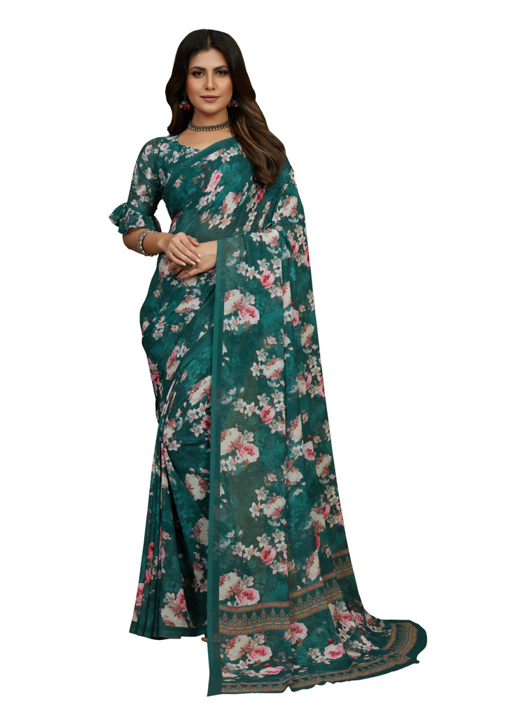 Traditional Ethnicwear Sea Green Georgette Floral Print Saree