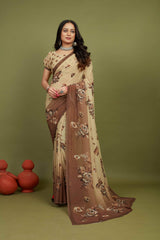 Khaki Georgette Floral Print Saree