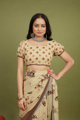 Khaki Georgette Floral Print Saree