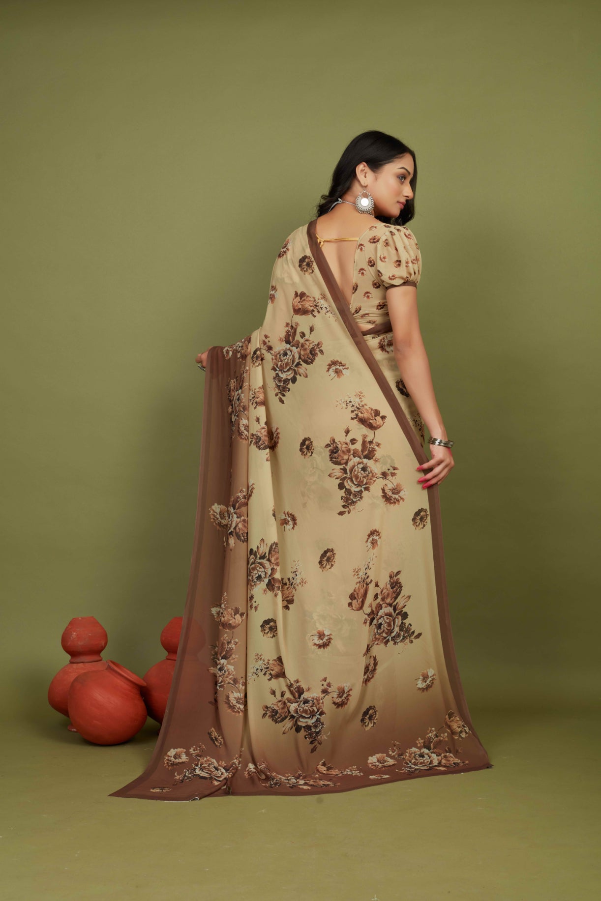 Khaki Georgette Floral Print Saree