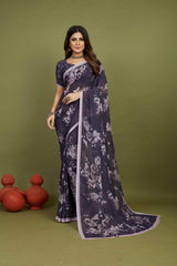 Purple Georgette Floral Print Saree