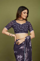 Purple Georgette Floral Print Saree