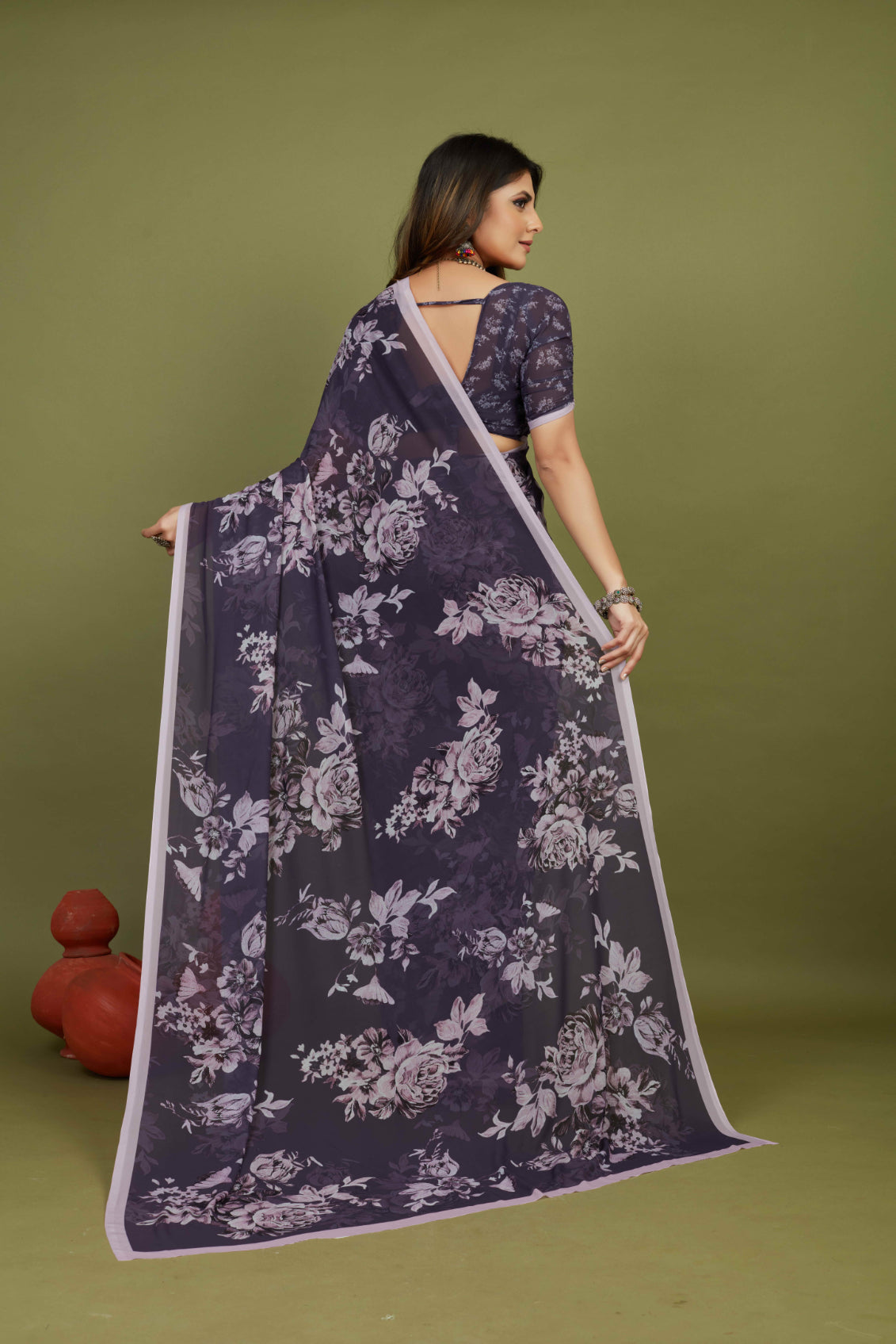 Purple Georgette Floral Print Saree