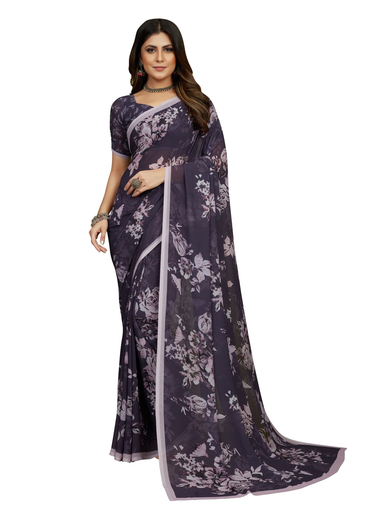 Purple Georgette Floral Print Saree