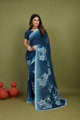 Nile Blue Georgette Floral Print Saree