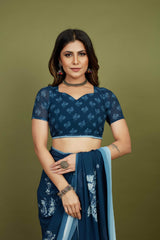 Nile Blue Georgette Floral Print Saree