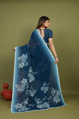 Nile Blue Georgette Floral Print Saree