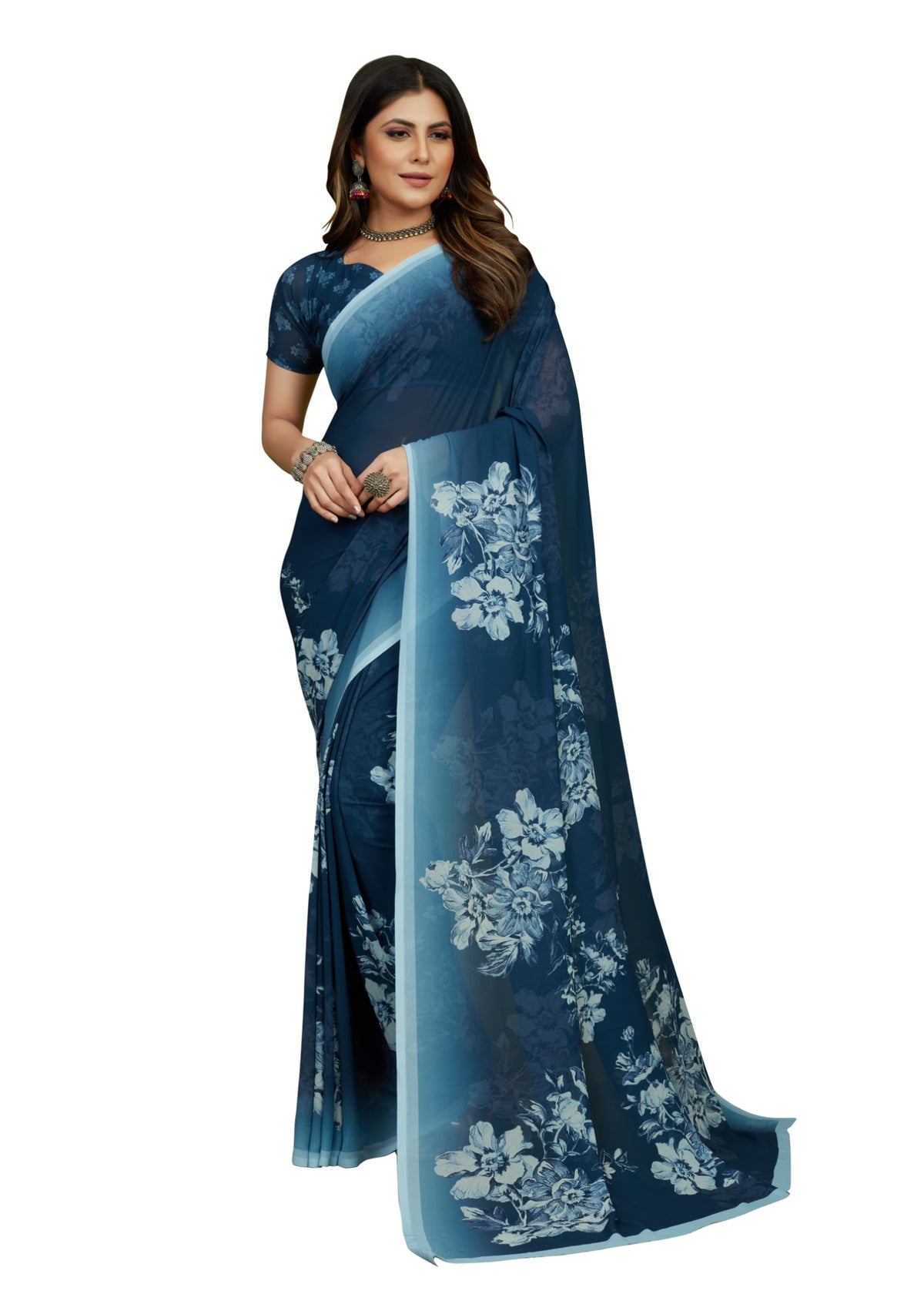 Nile Blue Georgette Floral Print Saree