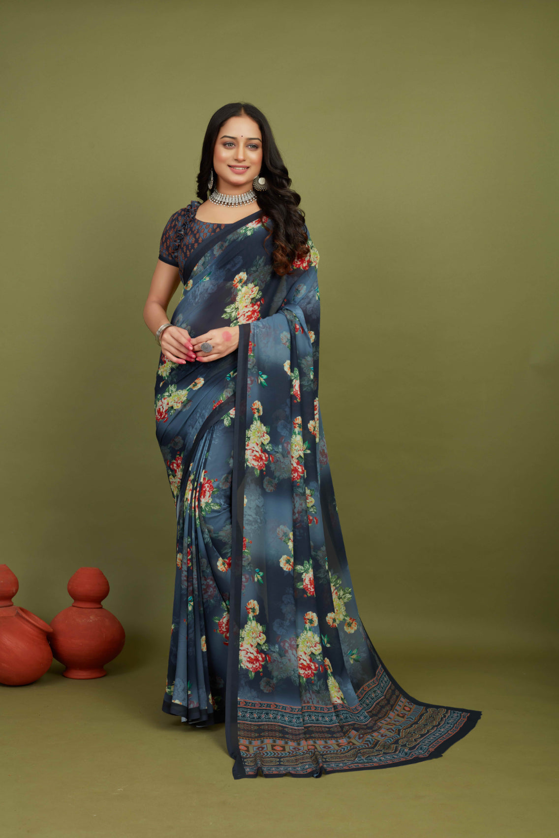 Slate Grey Georgette Floral Print Saree