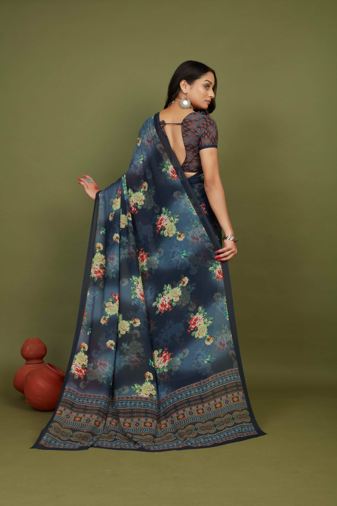 Slate Grey Georgette Floral Print Saree