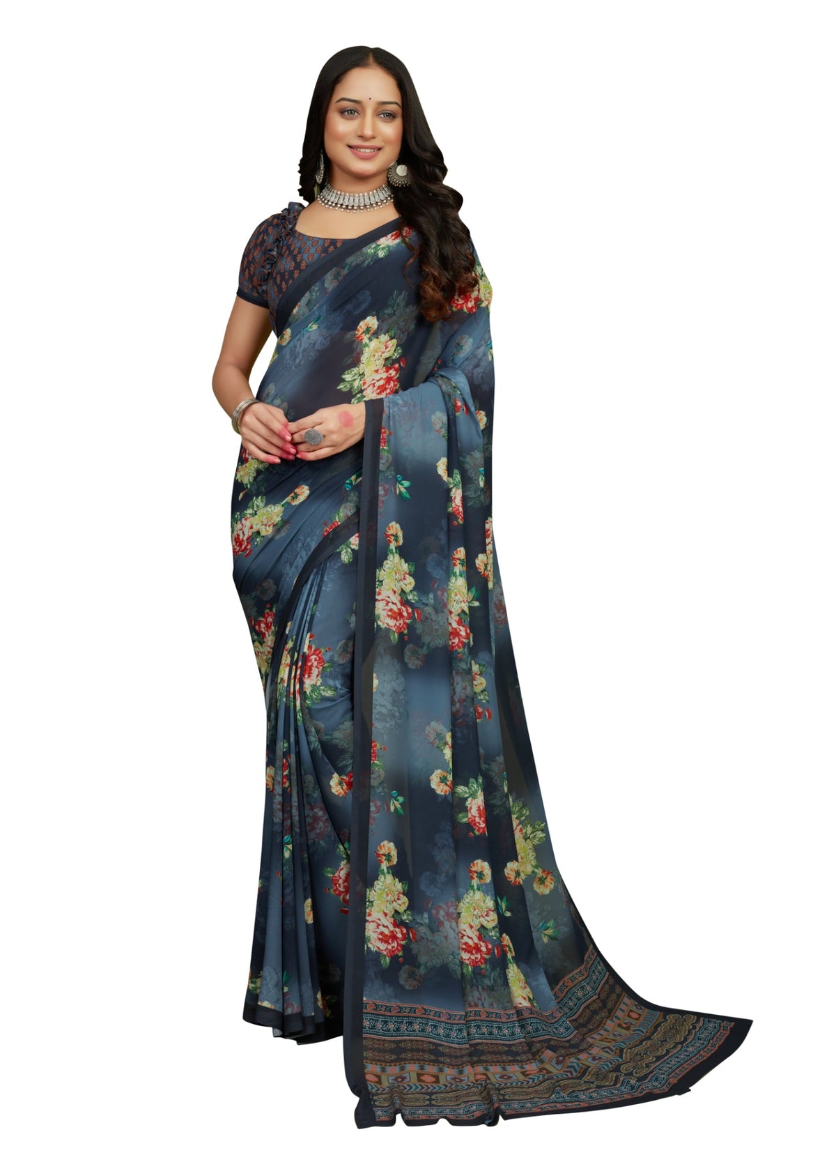 Slate Grey Georgette Floral Print Saree