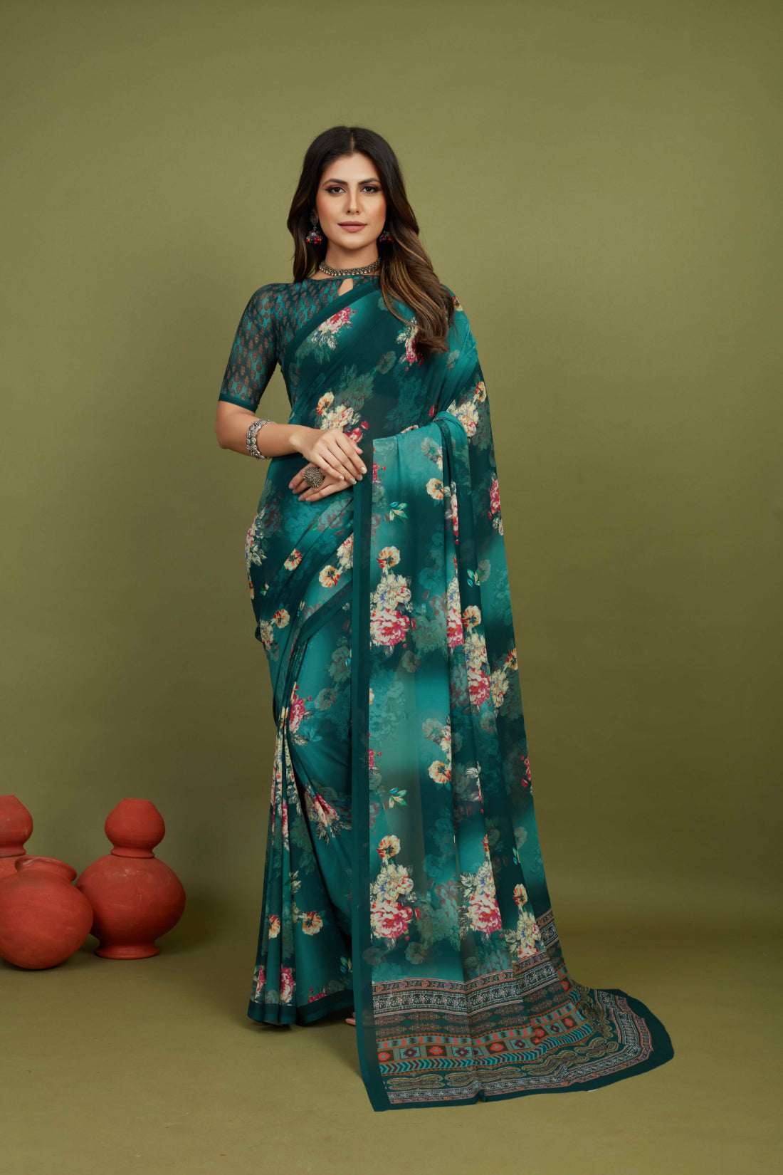 Sherwood Green Georgette Floral Print Saree