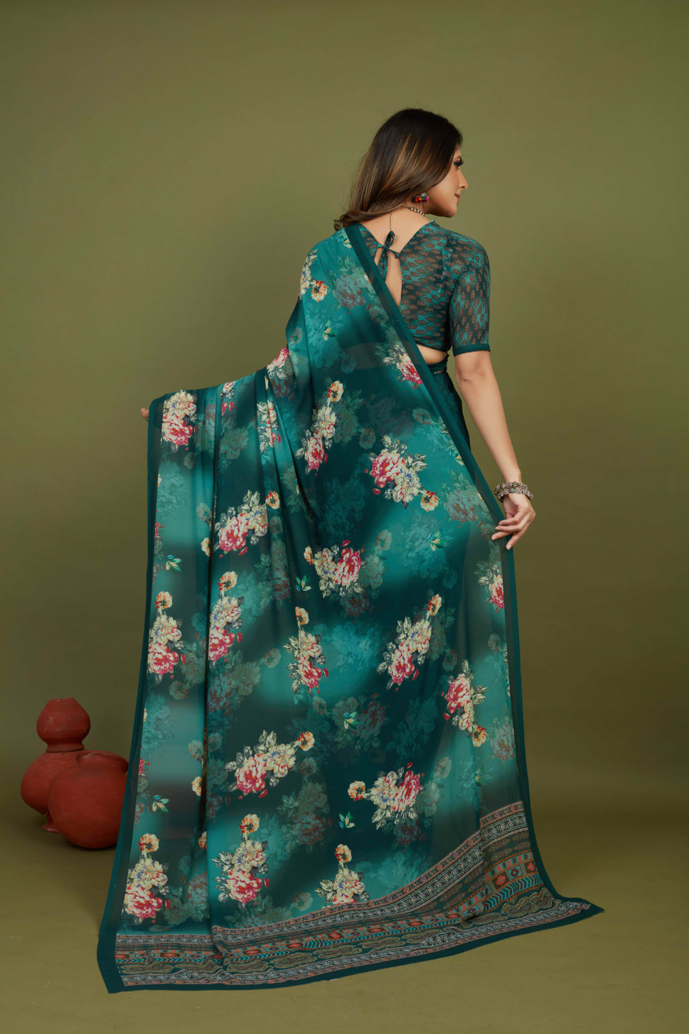 Sherwood Green Georgette Floral Print Saree